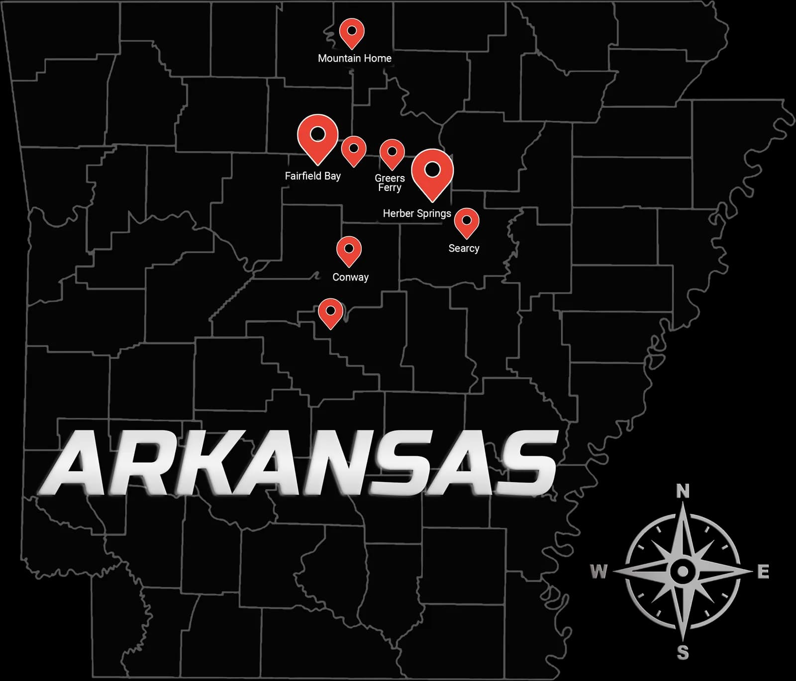 Dirt Work Innovations service area — Central Arkansas Dirt Work Innovations service area map across Central Arkansas — Heber Springs, Greers Ferry, Fairfield Bay, Conway, Searcy, and Mountain Home